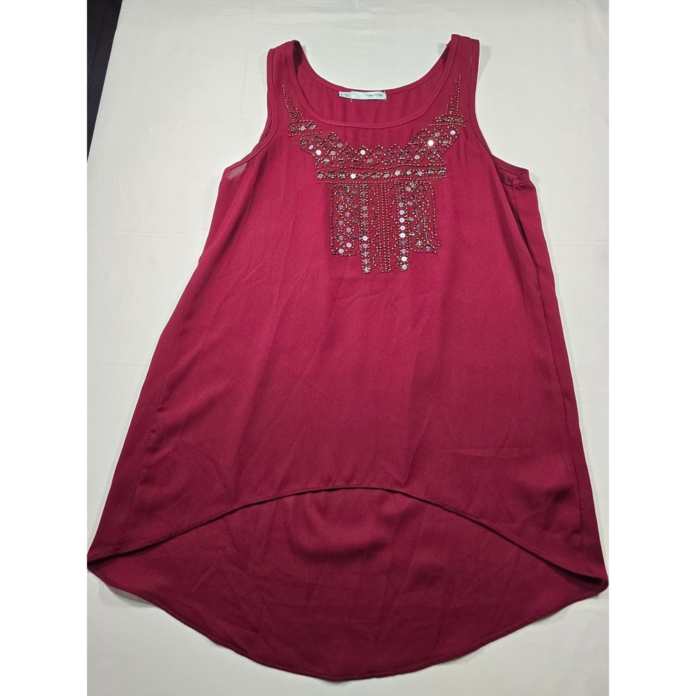 Maurices Womens Small Burgundy Beaded Sequin High Low Tank Top Sleeveless Blouse